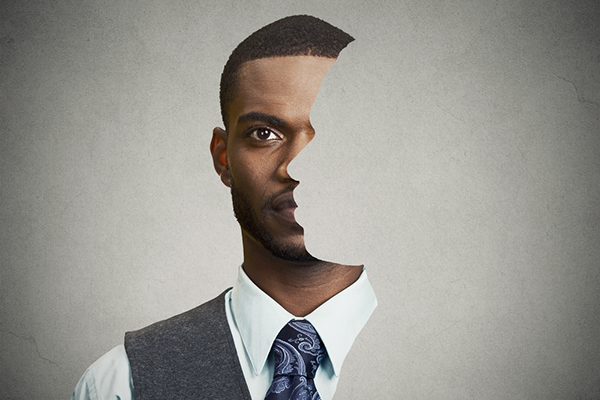 surrealistic portrait front with cut out profile of a young man